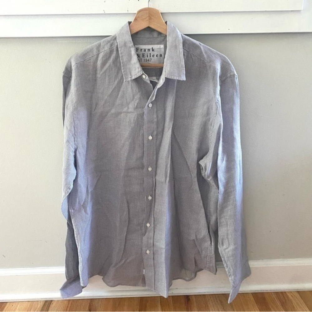 Frank & Eileen Paul Linen Shirt Button Front Gray Polka Dot Size Large